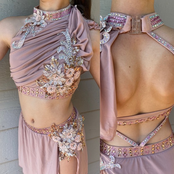 Glamour solo dance costume blush mauve rhinestone bling 2 piece stoned LC child - Picture 1 of 10